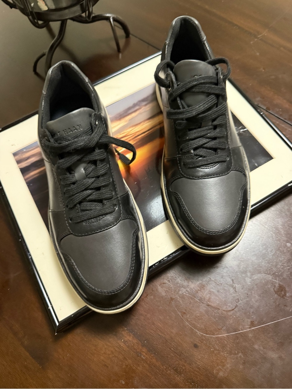 Cole Haan Black Leather Lace-Up Slip-On Sneakers